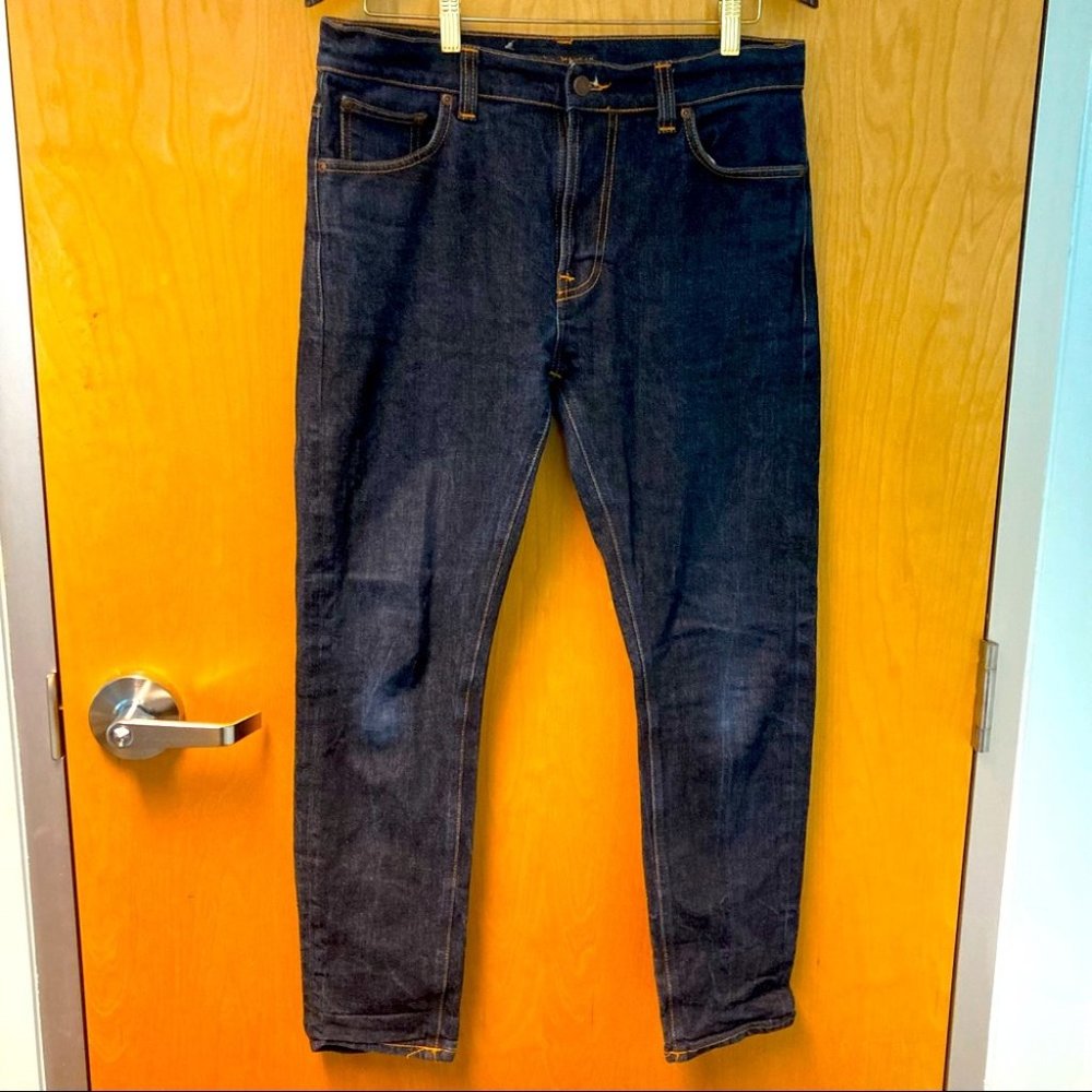 NUDIE Sz 31 x  30 Brute Knut Dry Navy Comfort Tapered Skinny Dark Wash Jeans